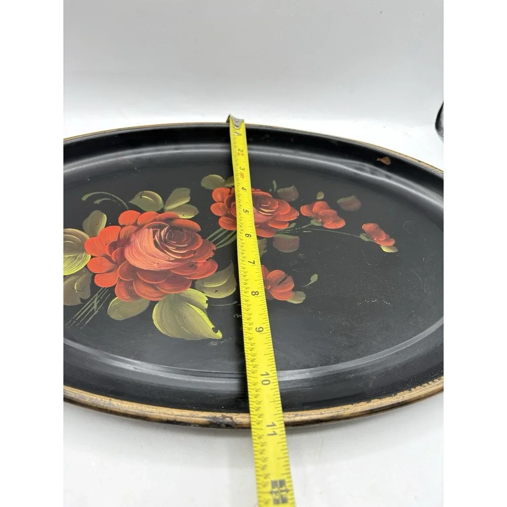 Vintage Mid Century Hand Painted Tole Metal Tray Rose Floral 16" Philadelphia - Picture 8 of 9